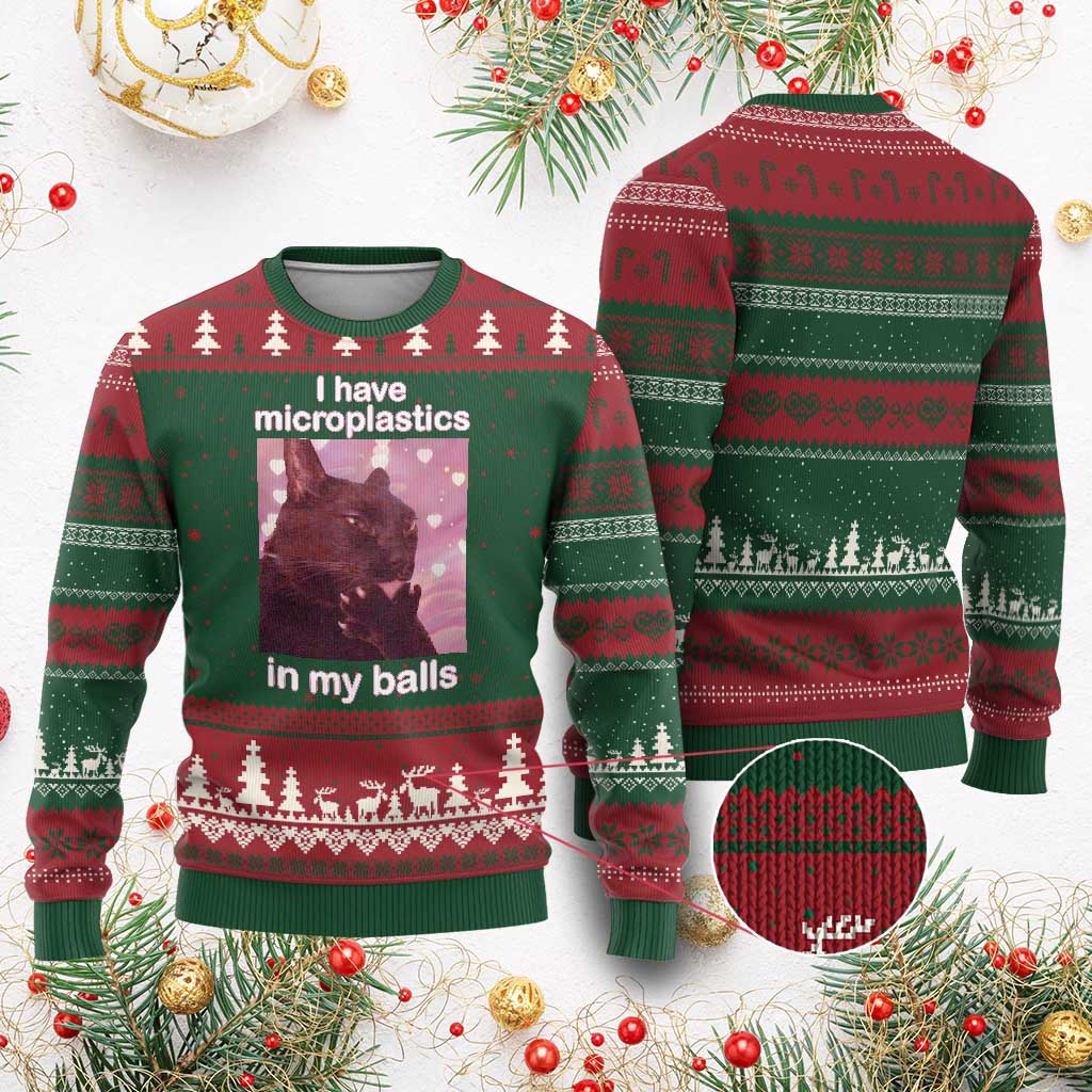 Funny Cat Meme Ugly Christmas Sweater I Have Microplastics In My Balls Dank Meme TS10 Red Green Print Your Wear
