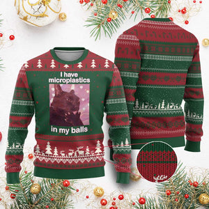 Funny Cat Meme Ugly Christmas Sweater I Have Microplastics In My Balls Dank Meme TS10 Red Green Print Your Wear