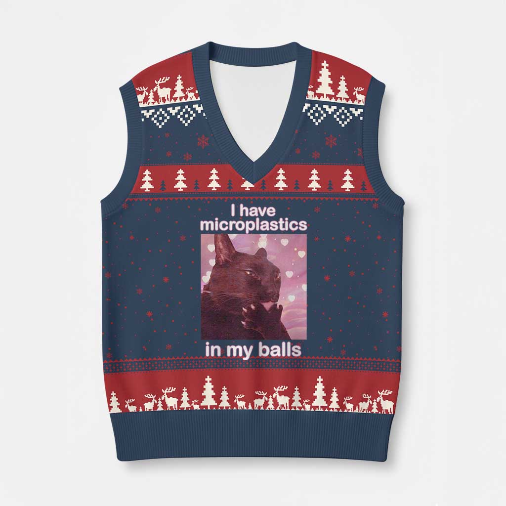 Funny Cat Meme V-Neck Knit Sweater Vest I Have Microplastics In My Balls Dank Meme TS10 Navy Red Print Your Wear