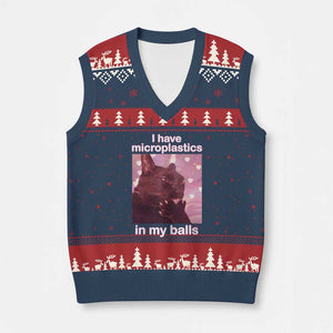 Funny Cat Meme V-Neck Knit Sweater Vest I Have Microplastics In My Balls Dank Meme TS10 Navy Red Print Your Wear