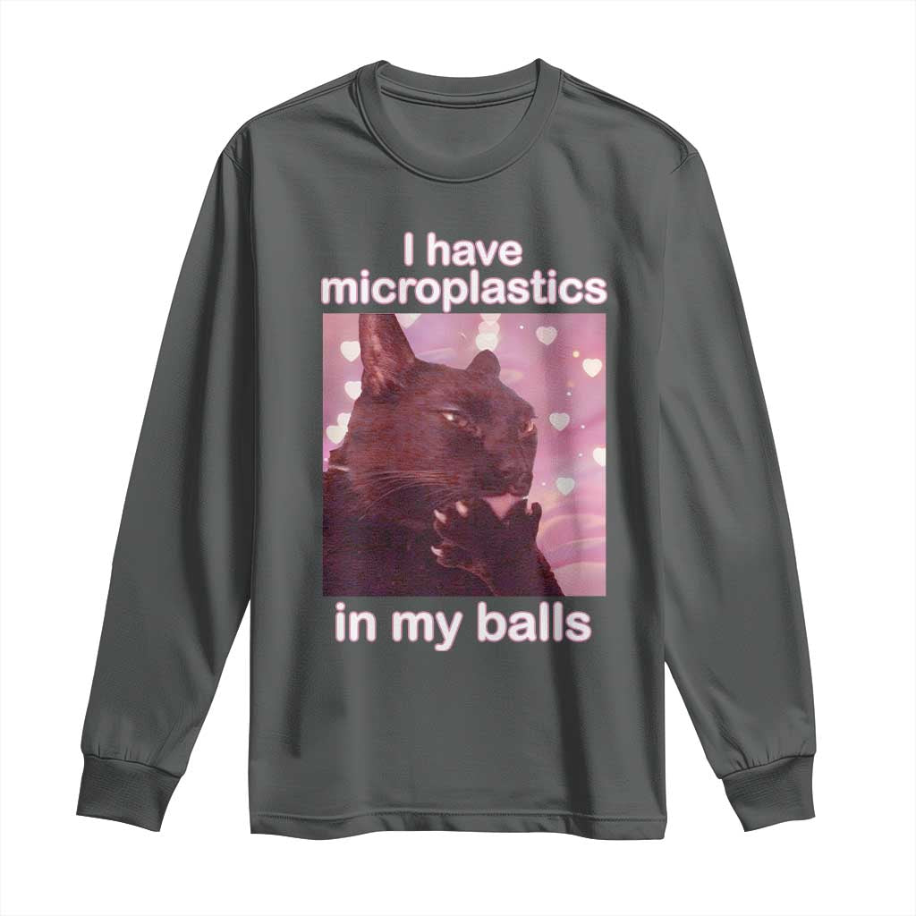 Funny Cat Meme Long Sleeve Shirt I Have Microplastics In My Balls Dank Meme TS10 Dark Heather Print Your Wear