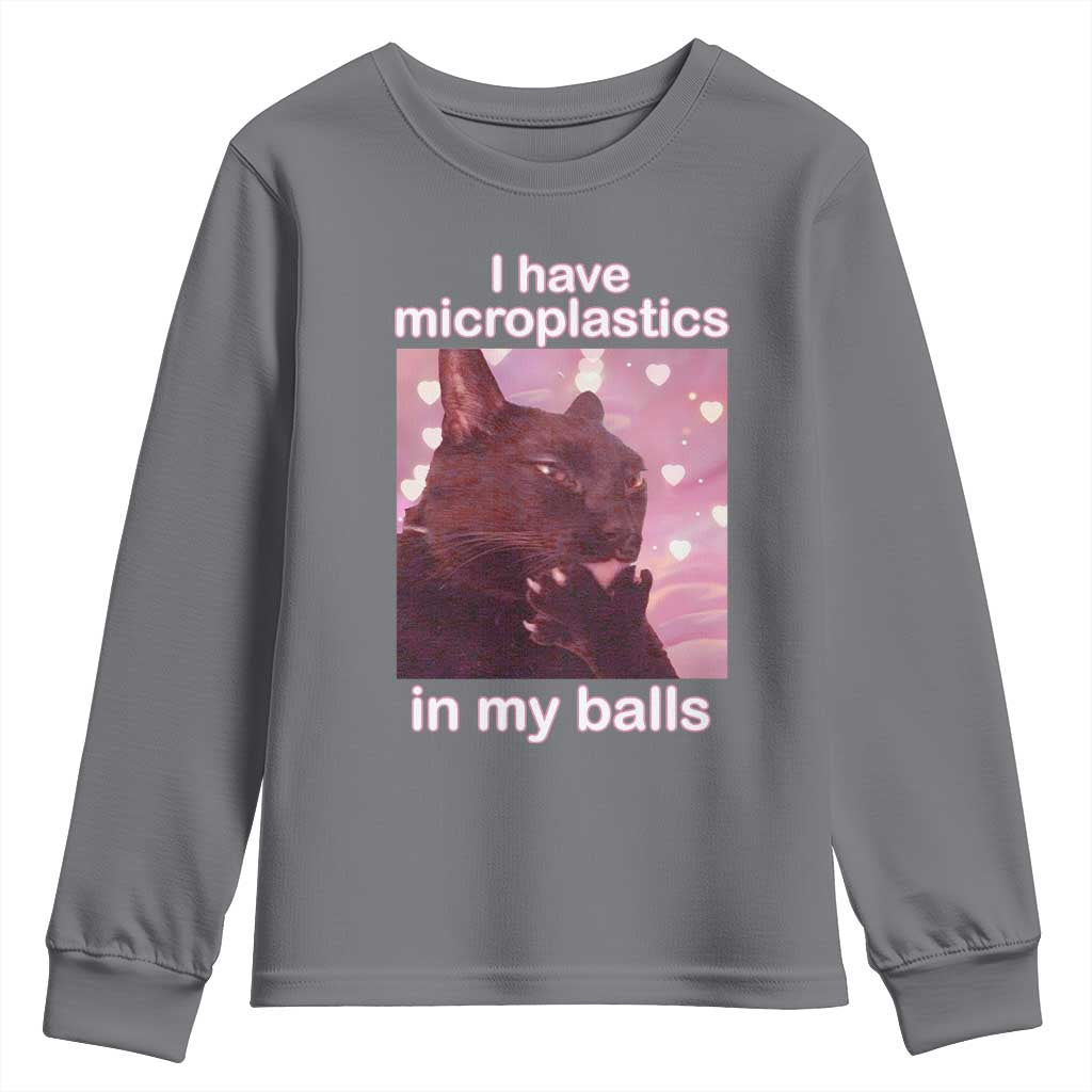 Funny Cat Meme Youth Sweatshirt I Have Microplastics In My Balls Dank Meme TS10 Charcoal Print Your Wear