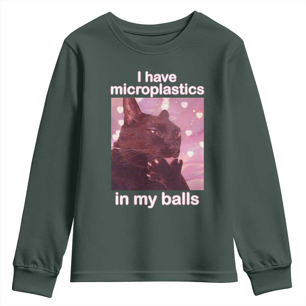 Funny Cat Meme Youth Sweatshirt I Have Microplastics In My Balls Dank Meme TS10 Dark Forest Green Print Your Wear