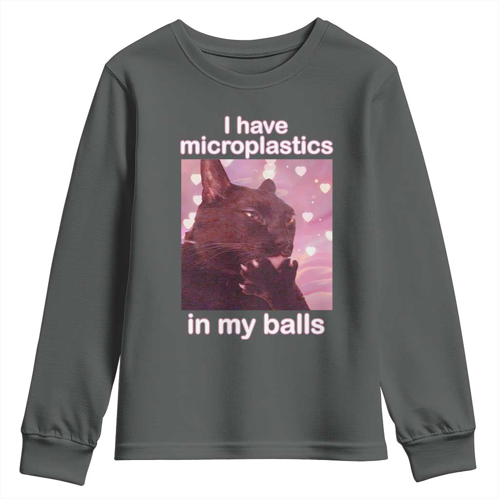 Funny Cat Meme Youth Sweatshirt I Have Microplastics In My Balls Dank Meme TS10 Dark Heather Print Your Wear