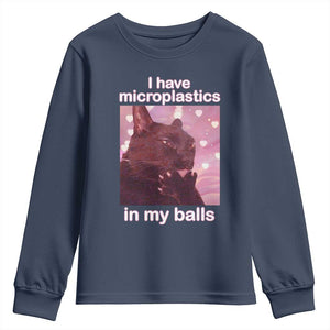 Funny Cat Meme Youth Sweatshirt I Have Microplastics In My Balls Dank Meme TS10 Navy Print Your Wear