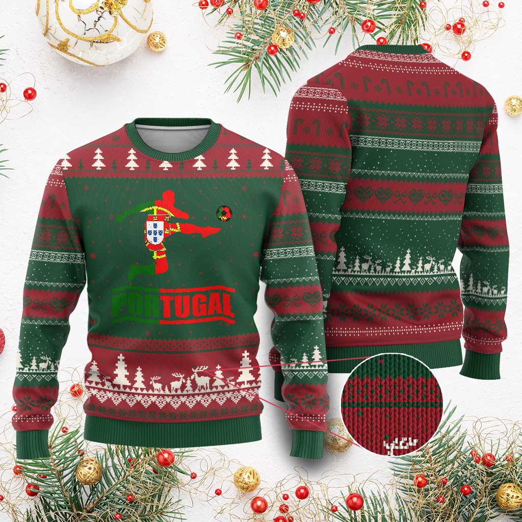 Portugal Soccer Ugly Christmas Sweater Portuguese Flag Futebol Football Player TS10 Red Green Print Your Wear