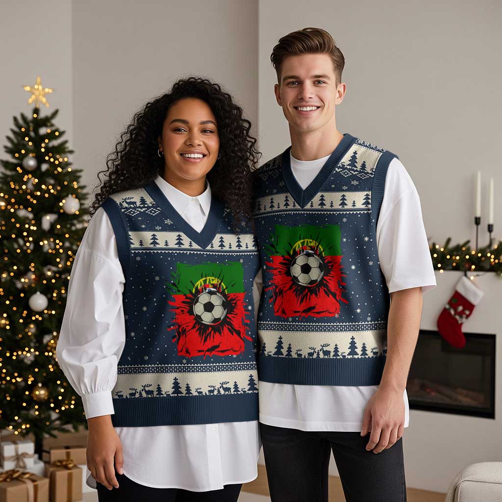 Portugal Soccer V-Neck Knit Sweater Vest Portuguese Flag Soccer Ball Futebol TS10 Navy Beige Print Your Wear