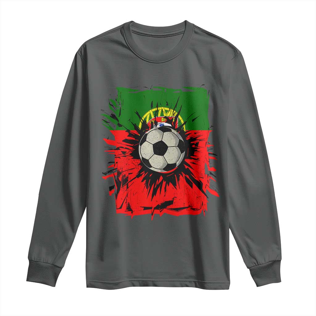 Portugal Soccer Long Sleeve Shirt Portuguese Flag Soccer Ball Futebol TS10 Dark Heather Print Your Wear
