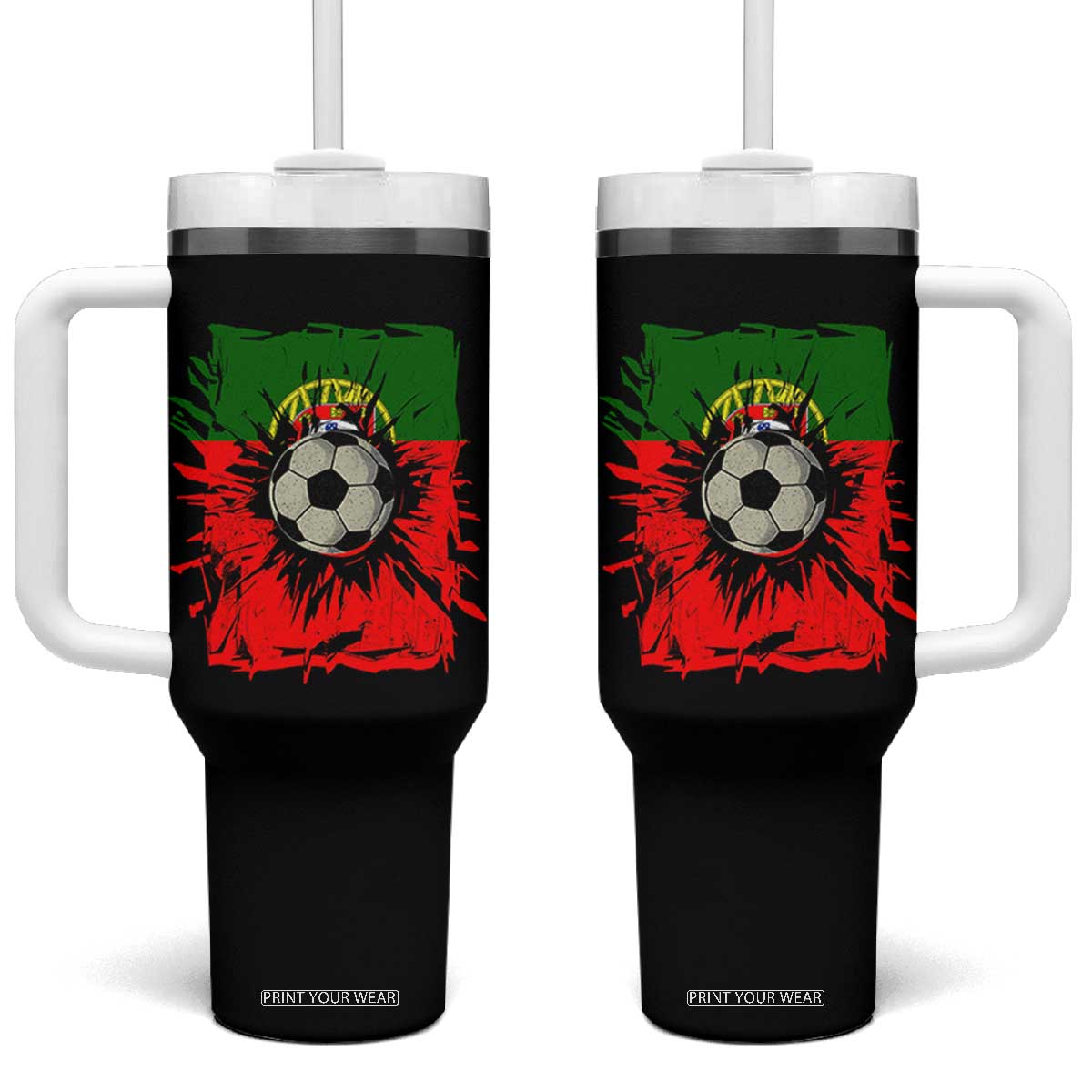 Portugal Soccer Tumbler With Handle Portuguese Flag Soccer Ball Futebol TS10 One Size: 40 oz Black Print Your Wear