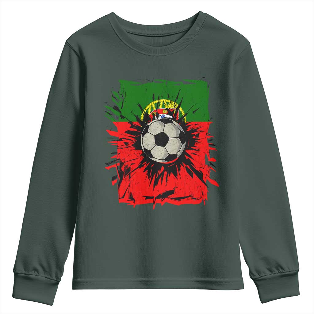 Portugal Soccer Youth Sweatshirt Portuguese Flag Soccer Ball Futebol TS10 Dark Forest Green Print Your Wear