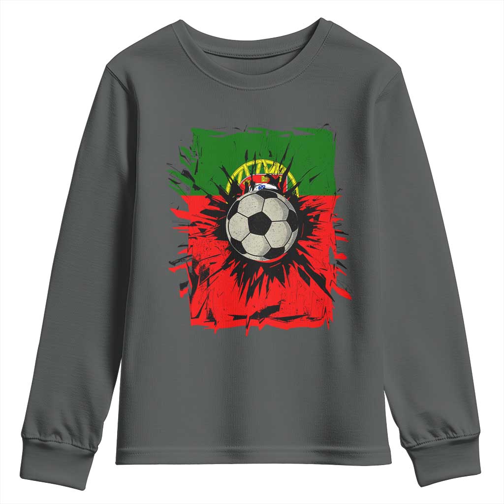 Portugal Soccer Youth Sweatshirt Portuguese Flag Soccer Ball Futebol TS10 Dark Heather Print Your Wear