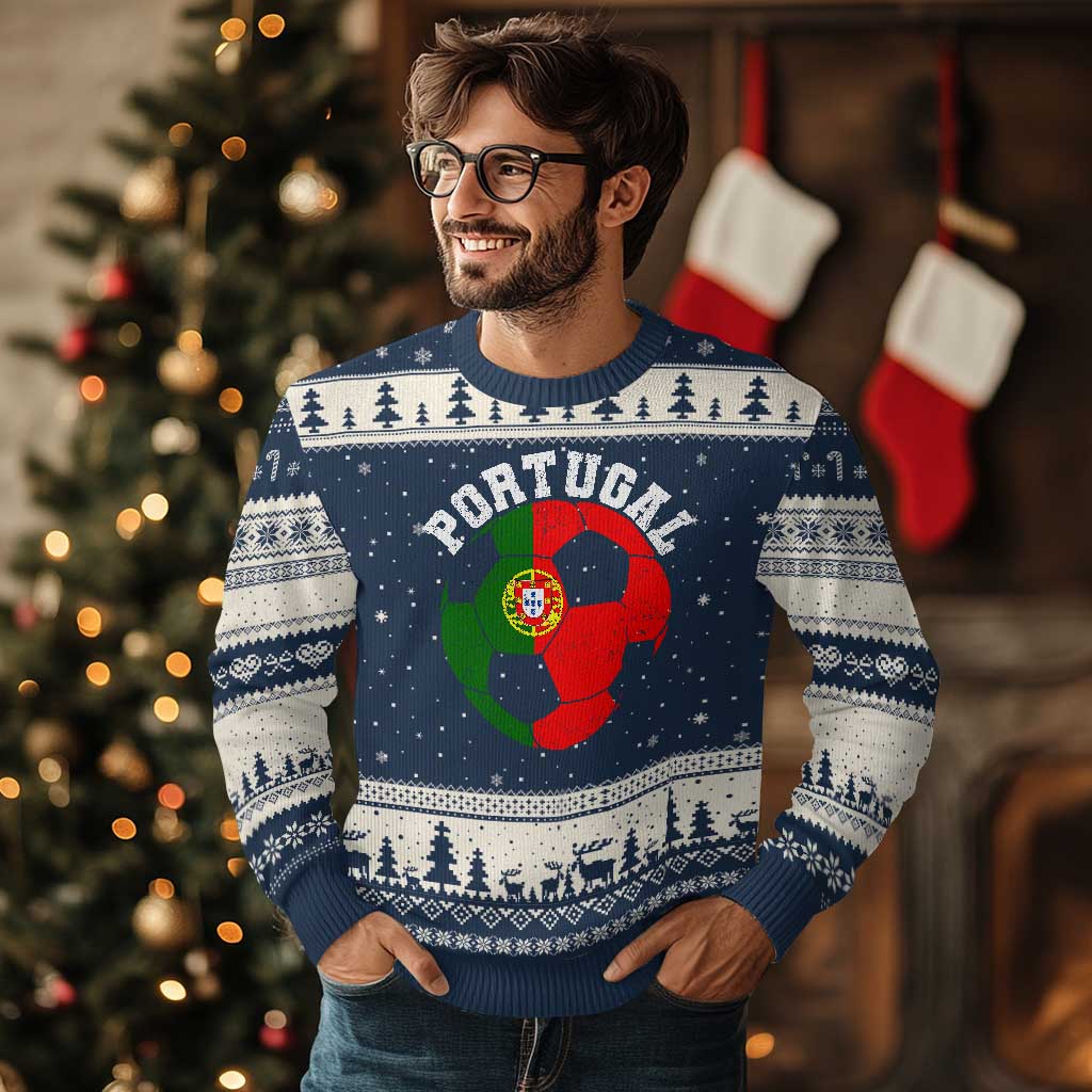 Portugal Soccer Ugly Christmas Sweater Portuguese Flag Soccer Ball Futebol Football Fan TS10 Navy Beige Print Your Wear