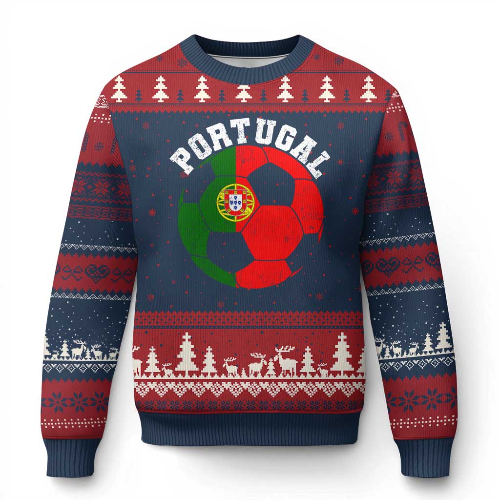 Portugal Soccer Ugly Christmas Sweater Portuguese Flag Soccer Ball Futebol Football Fan TS10 Navy Red Print Your Wear