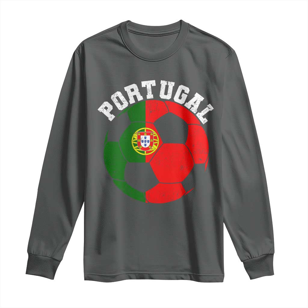 Portugal Soccer Long Sleeve Shirt Portuguese Flag Soccer Ball Futebol Football Fan TS10 Dark Heather Print Your Wear