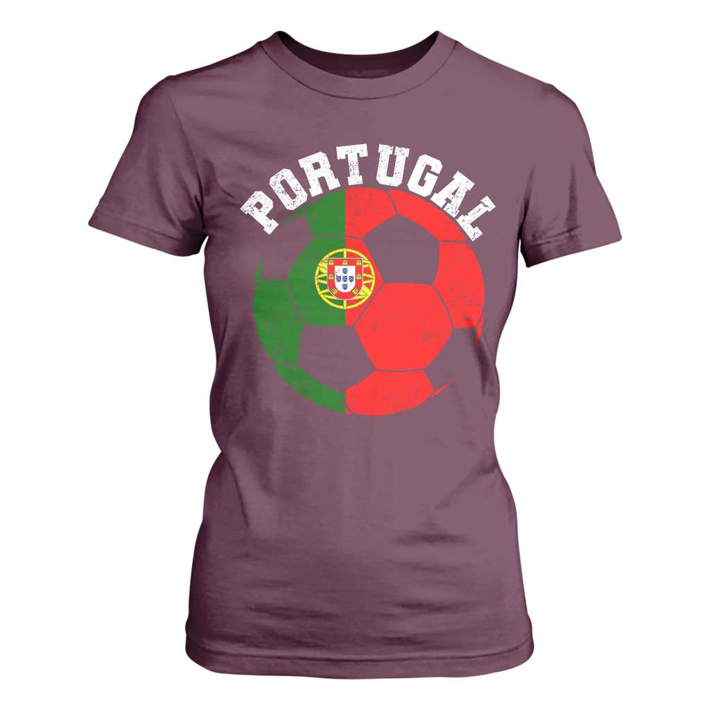 Portugal Soccer T Shirt For Women Portuguese Flag Soccer Ball Futebol Football Fan TS10 Maroon Print Your Wear