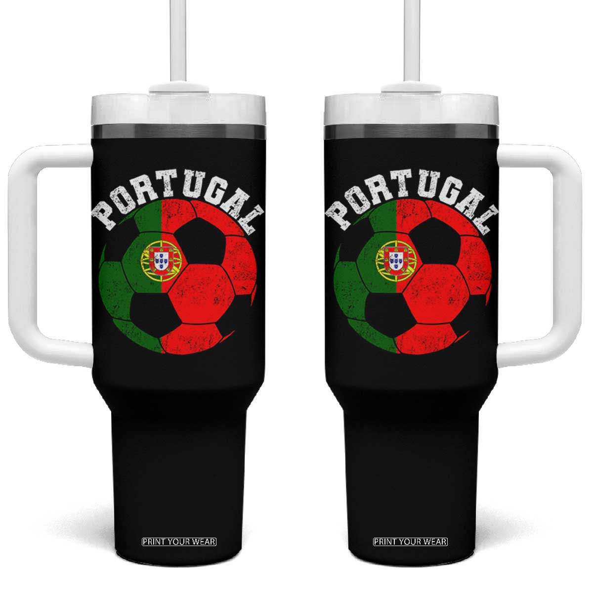Portugal Soccer Tumbler With Handle Portuguese Flag Soccer Ball Futebol Football Fan TS10 One Size: 40 oz Black Print Your Wear