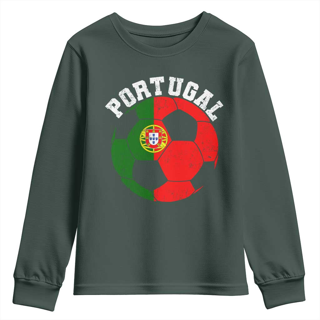 Portugal Soccer Youth Sweatshirt Portuguese Flag Soccer Ball Futebol Football Fan TS10 Dark Forest Green Print Your Wear