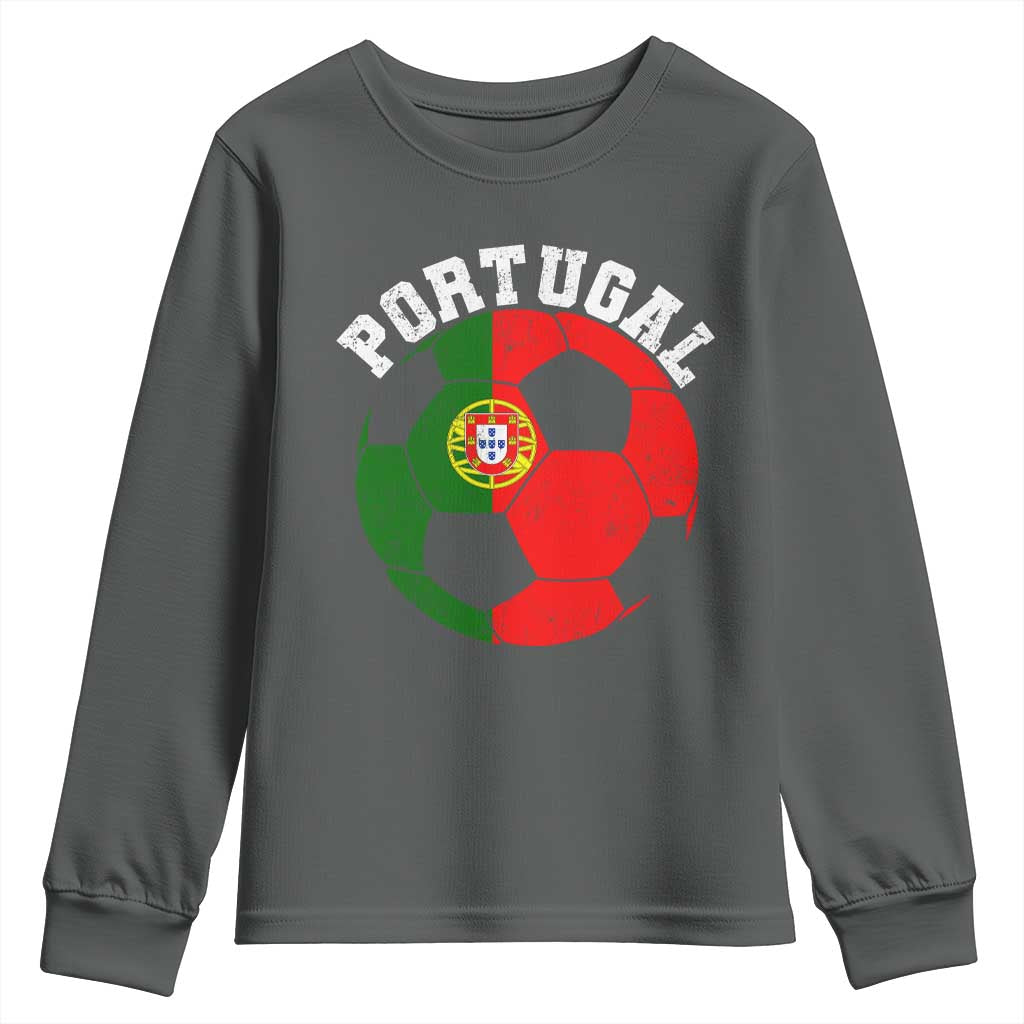 Portugal Soccer Youth Sweatshirt Portuguese Flag Soccer Ball Futebol Football Fan TS10 Dark Heather Print Your Wear