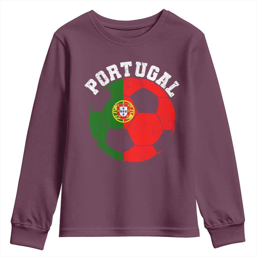 Portugal Soccer Youth Sweatshirt Portuguese Flag Soccer Ball Futebol Football Fan TS10 Maroon Print Your Wear