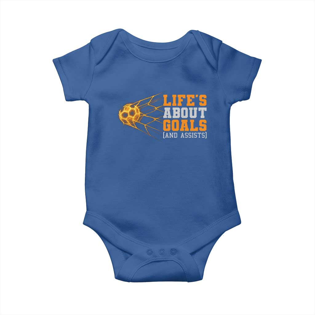 Funny Soccer Baby Onesie Life Is About Goals And Assists Youth Soccer TS10 Royal Blue Print Your Wear