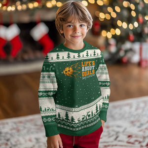 Funny Soccer Ugly Christmas Sweater Life Is About Goals And Assists Youth Soccer TS10 Forest Green Beige Print Your Wear