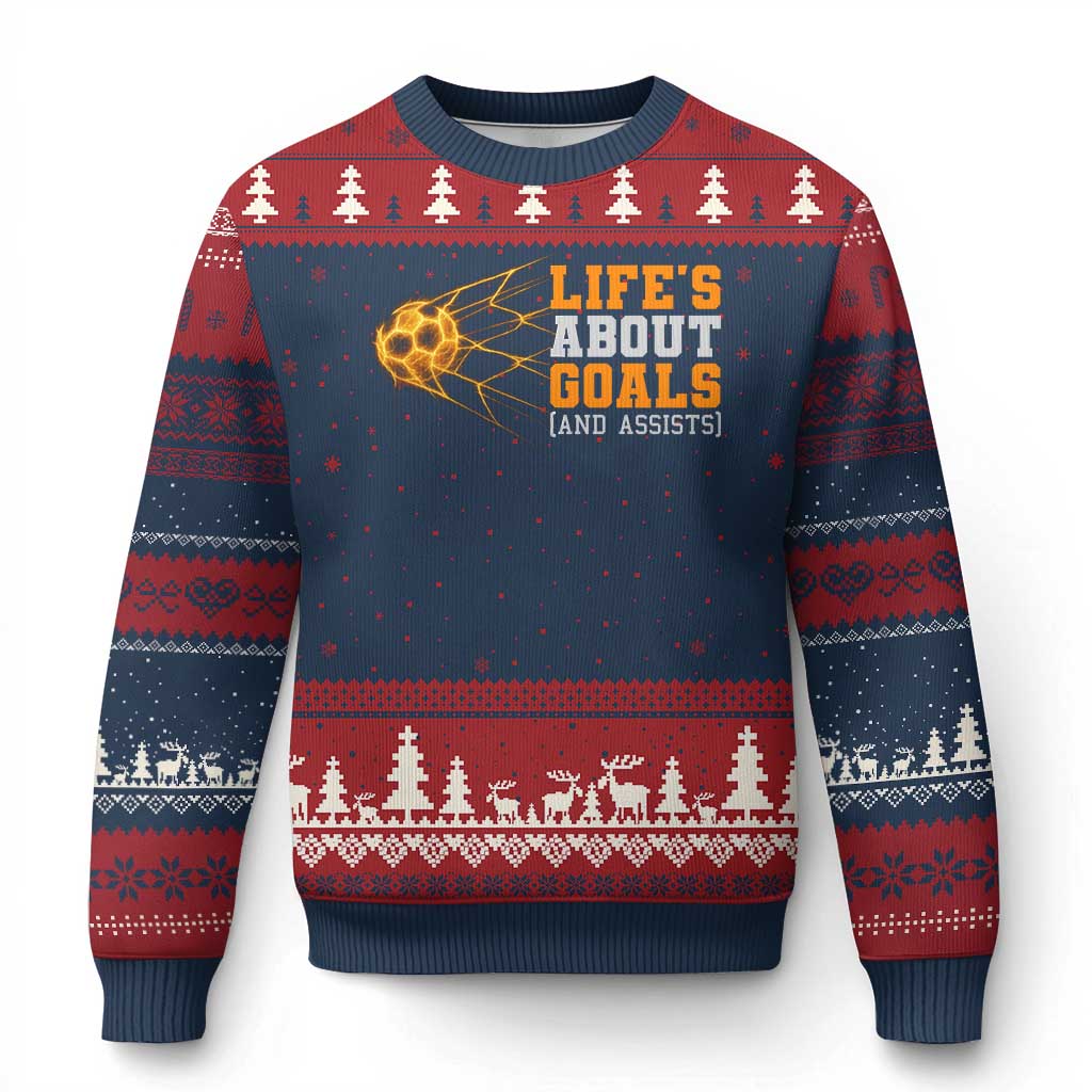 Funny Soccer Ugly Christmas Sweater Life Is About Goals And Assists Youth Soccer TS10 Navy Red Print Your Wear