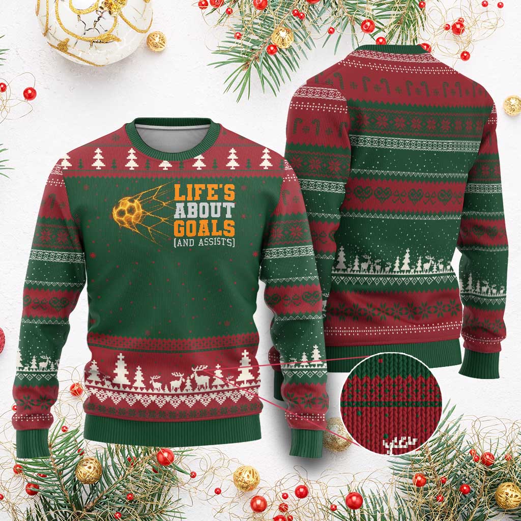 Funny Soccer Ugly Christmas Sweater Life Is About Goals And Assists Youth Soccer TS10 Red Green Print Your Wear
