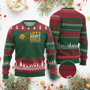 Funny Soccer Ugly Christmas Sweater Life Is About Goals And Assists Youth Soccer TS10 Red Green Print Your Wear