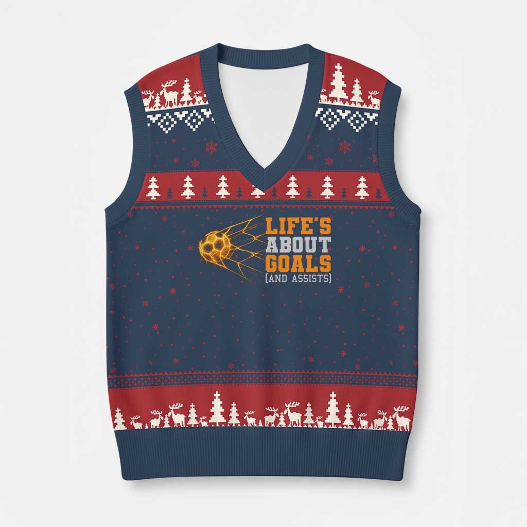 Funny Soccer V-Neck Knit Sweater Vest Life Is About Goals And Assists Youth Soccer TS10 Navy Red Print Your Wear