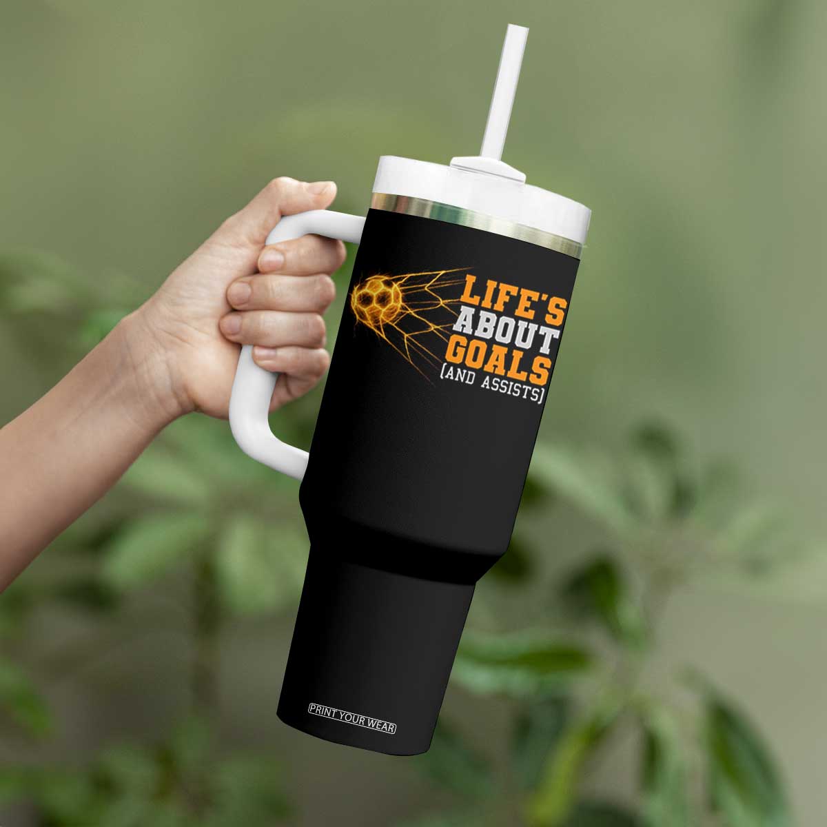 Funny Soccer Tumbler With Handle Life Is About Goals And Assists Youth Soccer TS10 Print Your Wear