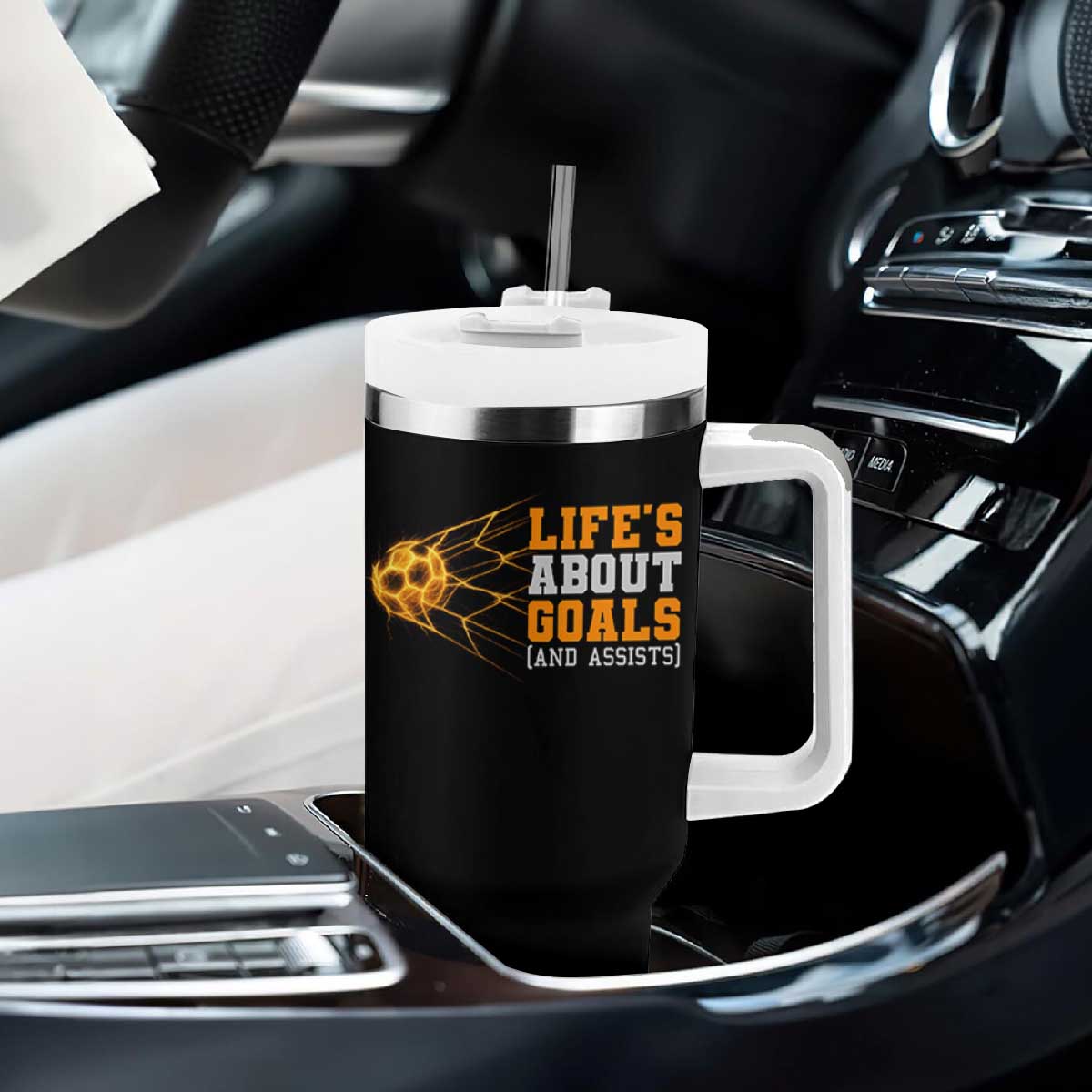 Funny Soccer Tumbler With Handle Life Is About Goals And Assists Youth Soccer TS10 Print Your Wear