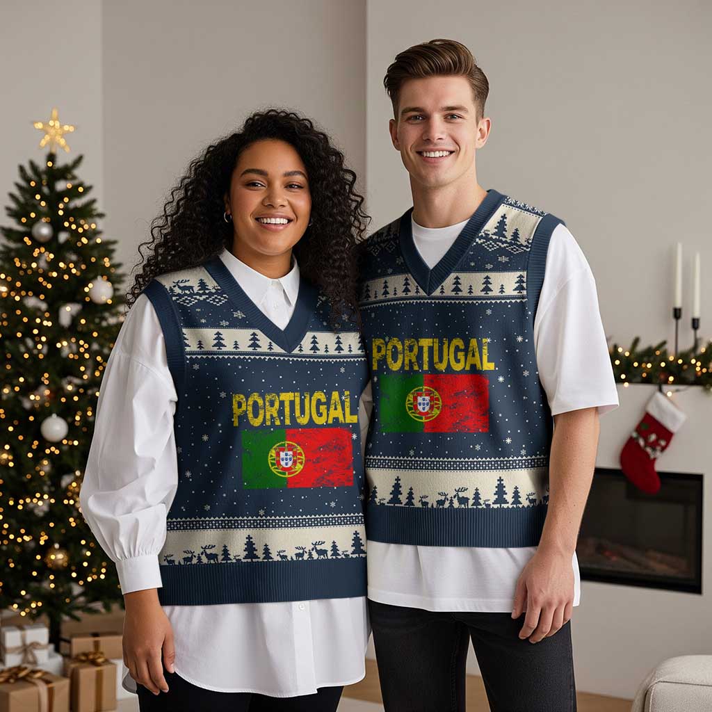 Portugal Flag V-Neck Knit Sweater Vest Retro Vintage Portuguese Flags Futebol TS10 Navy Beige Print Your Wear