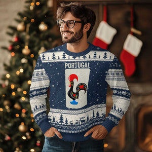 Portuguese Rooster Ugly Christmas Sweater Galo de Barcelos Portugal Roots Pride Heritage Gift TS10 Navy Beige Print Your Wear