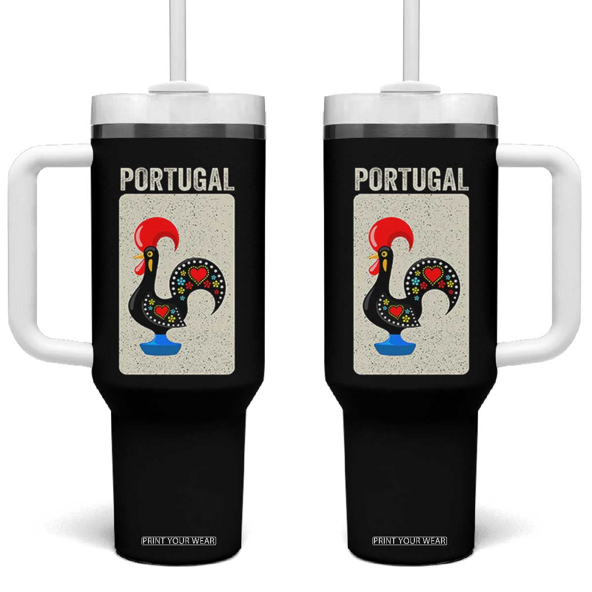 Portuguese Rooster Tumbler With Handle Galo de Barcelos Portugal Roots Pride Heritage Gift TS10 One Size: 40 oz Black Print Your Wear