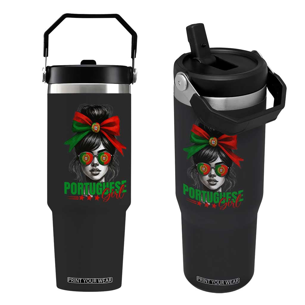 Portuguese Girl Flip Straw Tumbler Messy Bun Portugal Flag Roots Heritage Pride Gift TS10 One Size: 30 oz Black Print Your Wear