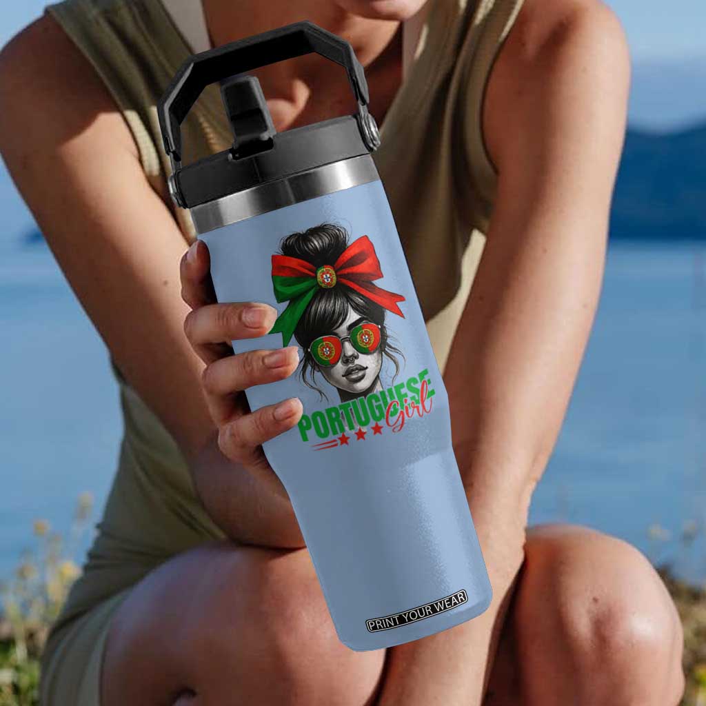 Portuguese Girl Flip Straw Tumbler Messy Bun Portugal Flag Roots Heritage Pride Gift TS10 One Size: 30 oz Light Blue Print Your Wear