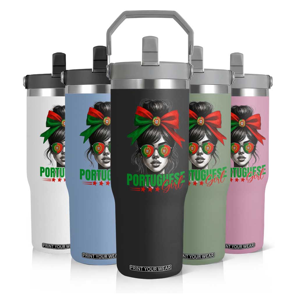 Portuguese Girl Flip Straw Tumbler Messy Bun Portugal Flag Roots Heritage Pride Gift TS10 Print Your Wear