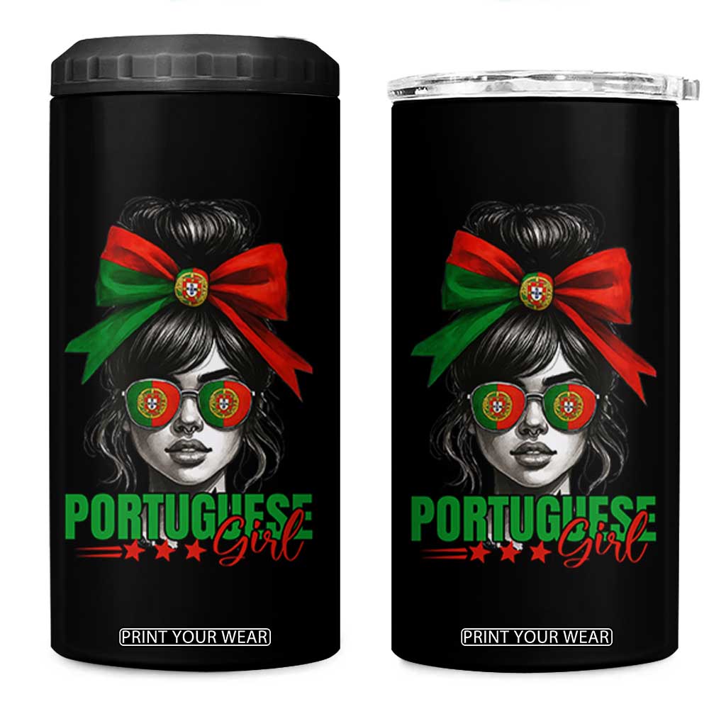 Portuguese Girl 4 in 1 Can Cooler Tumbler Messy Bun Portugal Flag Roots Heritage Pride Gift TS10 One Size: 16 oz Black Print Your Wear