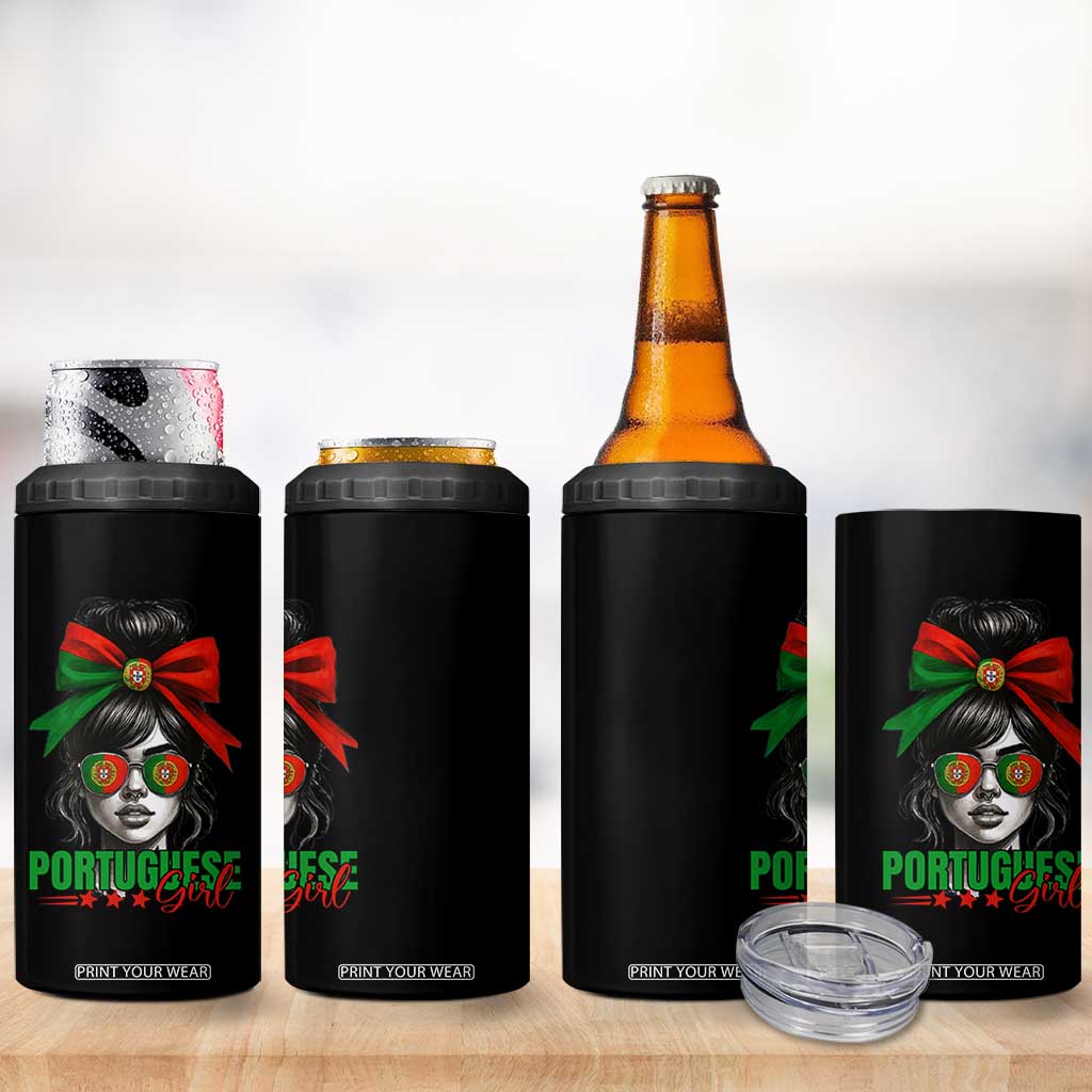 Portuguese Girl 4 in 1 Can Cooler Tumbler Messy Bun Portugal Flag Roots Heritage Pride Gift TS10 Print Your Wear