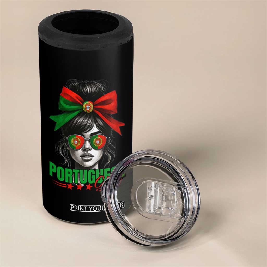 Portuguese Girl 4 in 1 Can Cooler Tumbler Messy Bun Portugal Flag Roots Heritage Pride Gift TS10 Print Your Wear
