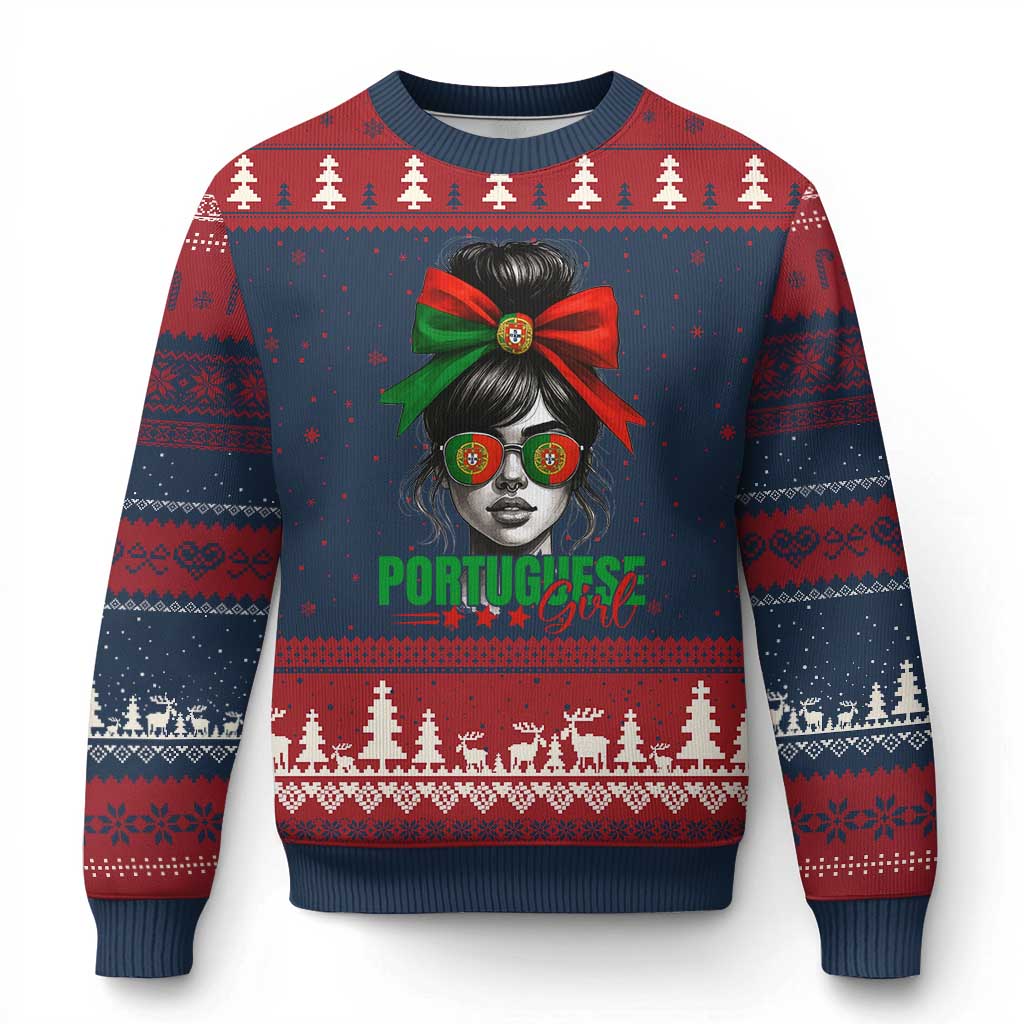 Portuguese Girl Ugly Christmas Sweater Messy Bun Portugal Flag Roots Heritage Pride Gift TS10 Navy Red Print Your Wear