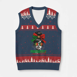 Portuguese Girl V-Neck Knit Sweater Vest Messy Bun Portugal Flag Roots Heritage Pride Gift TS10 Navy Red Print Your Wear