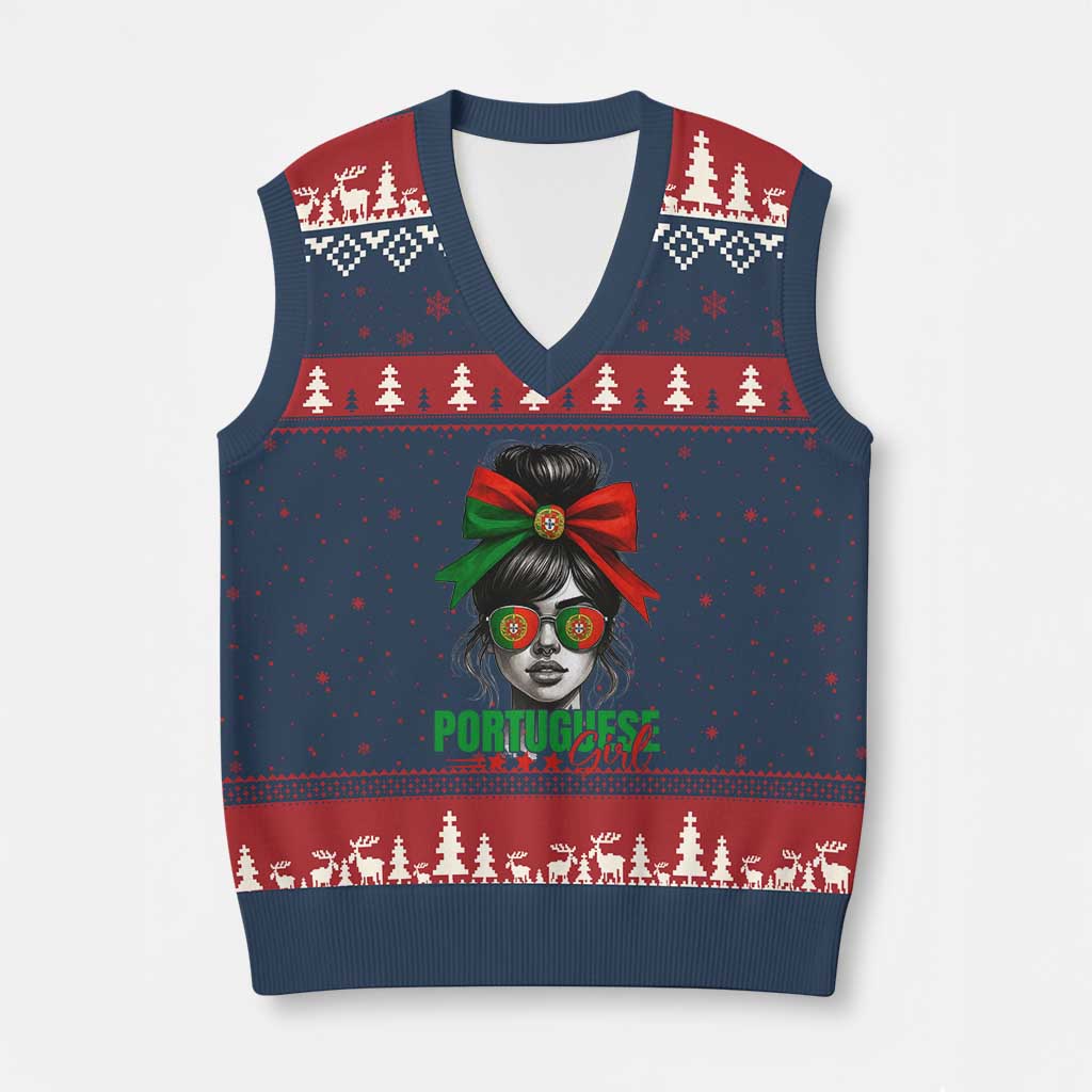 Portuguese Girl V-Neck Knit Sweater Vest Messy Bun Portugal Flag Roots Heritage Pride Gift TS10 Navy Red Print Your Wear