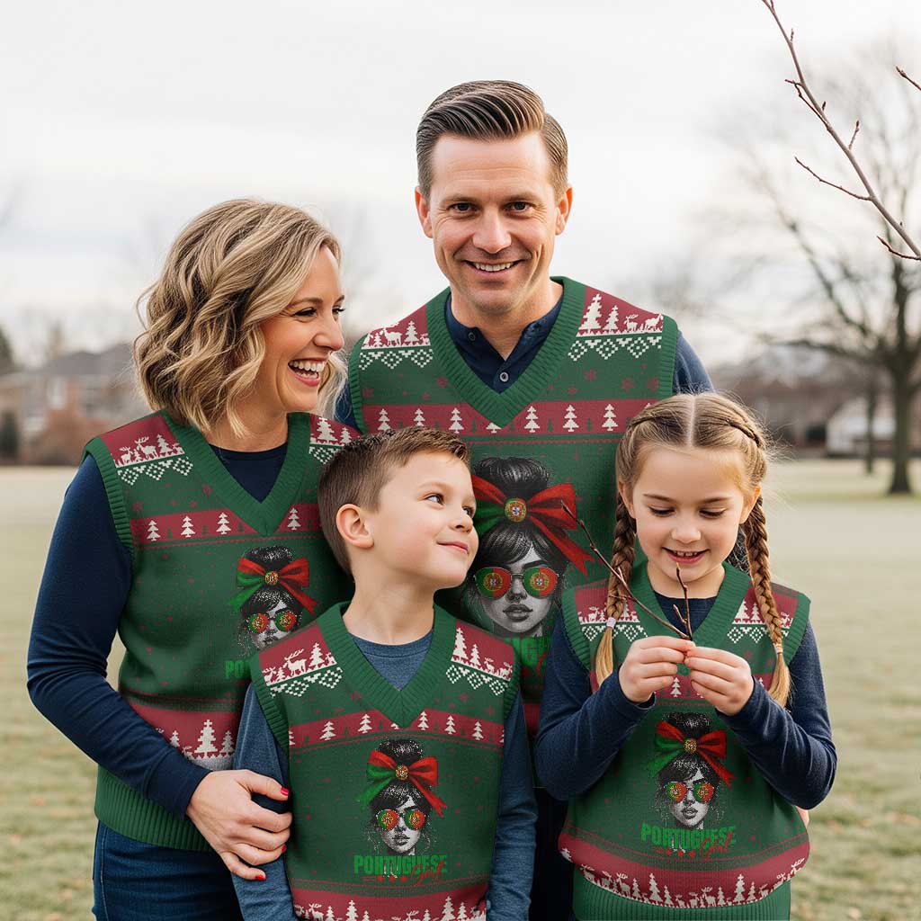 Portuguese Girl V-Neck Knit Sweater Vest Messy Bun Portugal Flag Roots Heritage Pride Gift TS10 Red Green Print Your Wear