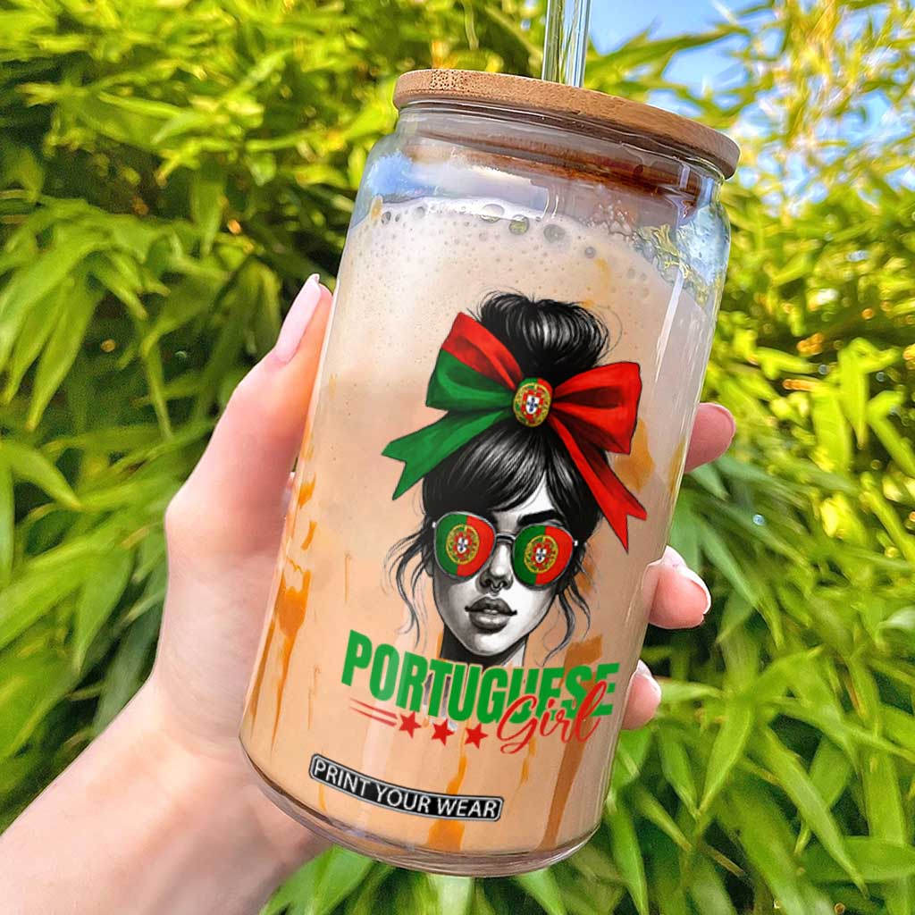 Portuguese Girl Glass Can Messy Bun Portugal Flag Roots Heritage Pride Gift TS10 Black Print Your Wear