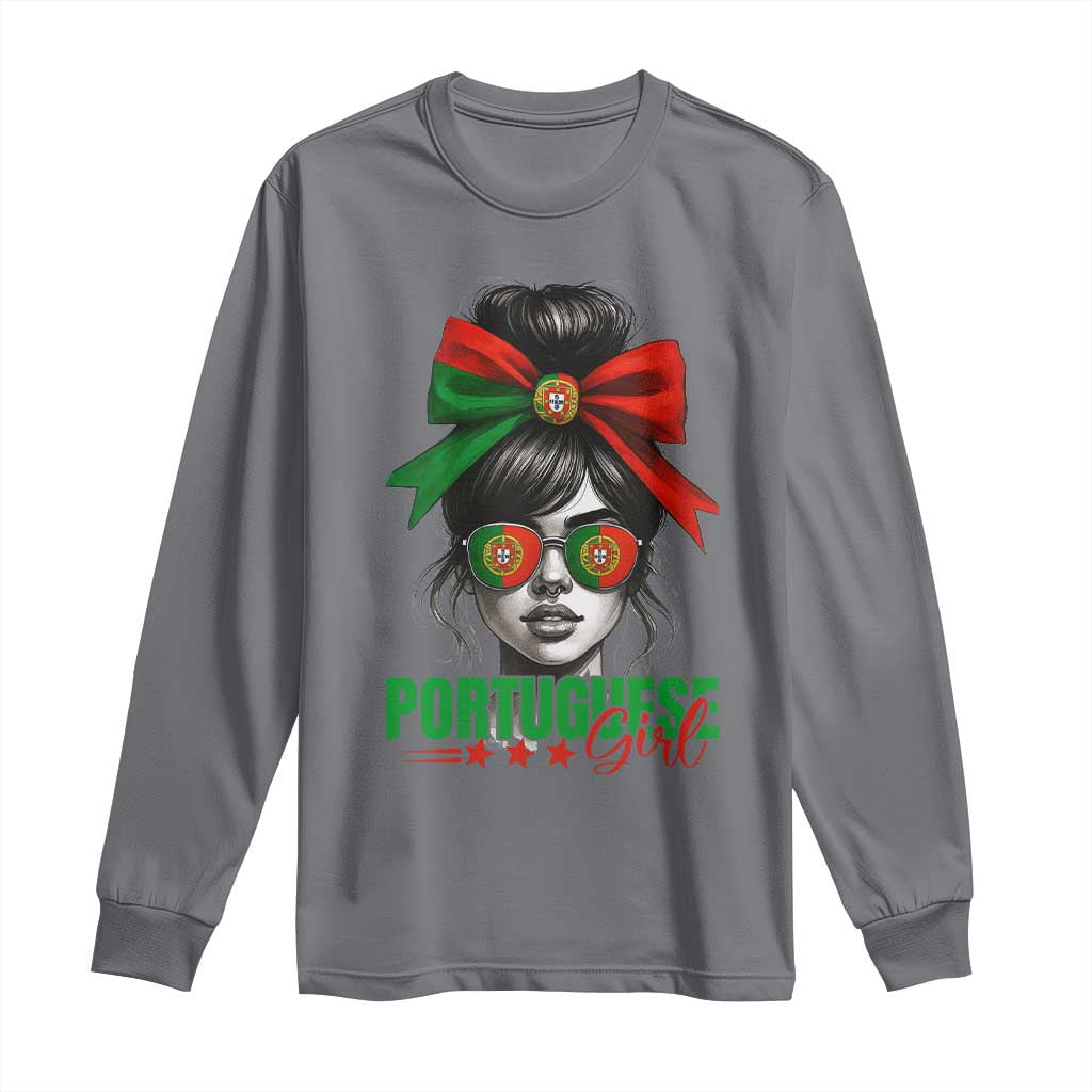 Portuguese Girl Long Sleeve Shirt Messy Bun Portugal Flag Roots Heritage Pride Gift TS10 Charcoal Print Your Wear