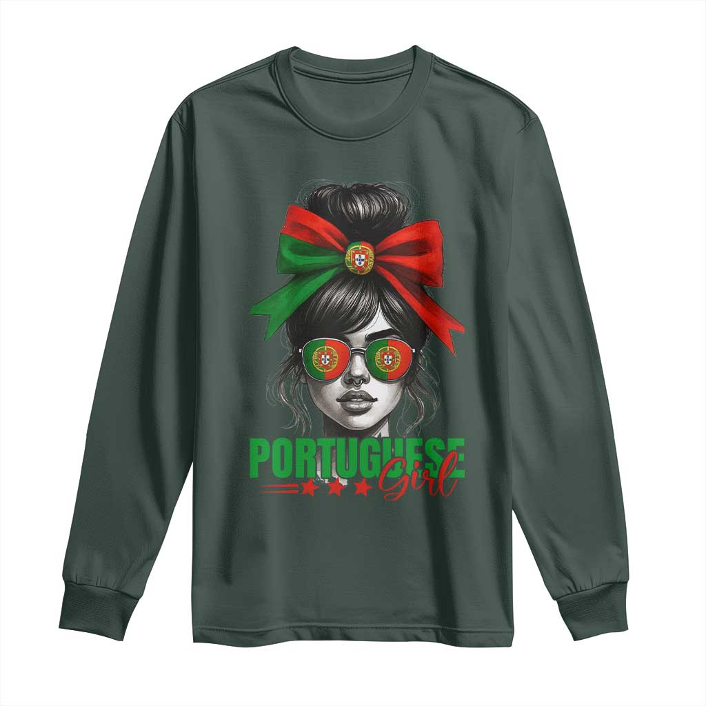 Portuguese Girl Long Sleeve Shirt Messy Bun Portugal Flag Roots Heritage Pride Gift TS10 Dark Forest Green Print Your Wear