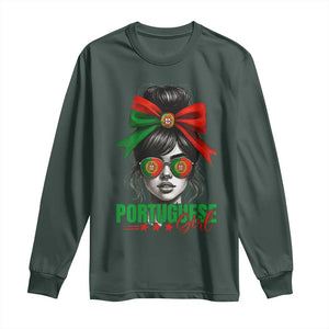 Portuguese Girl Long Sleeve Shirt Messy Bun Portugal Flag Roots Heritage Pride Gift TS10 Dark Forest Green Print Your Wear