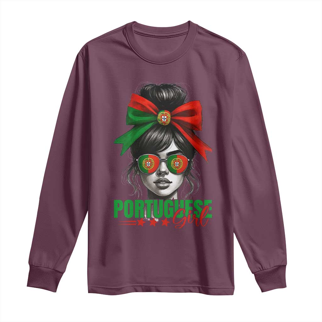 Portuguese Girl Long Sleeve Shirt Messy Bun Portugal Flag Roots Heritage Pride Gift TS10 Maroon Print Your Wear