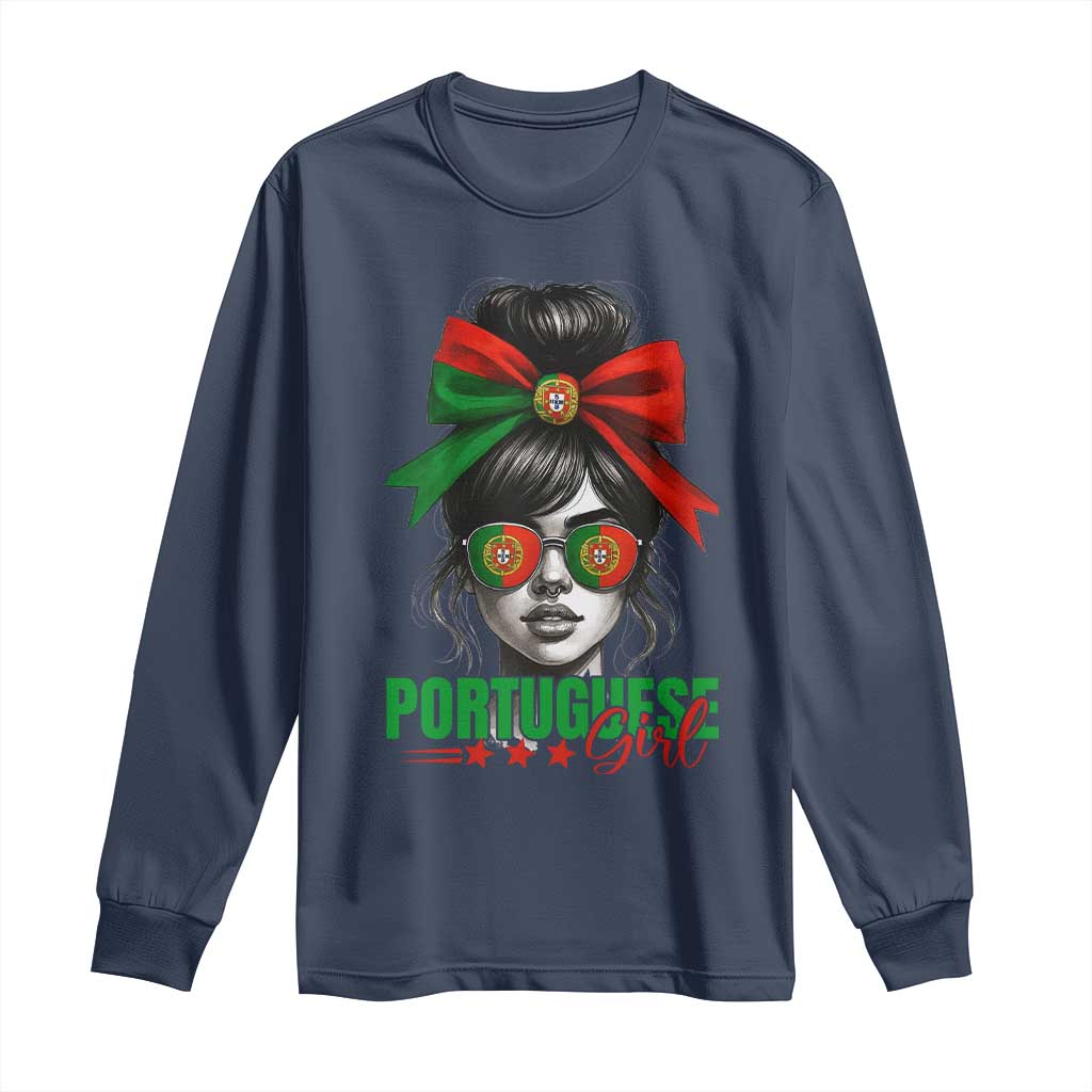 Portuguese Girl Long Sleeve Shirt Messy Bun Portugal Flag Roots Heritage Pride Gift TS10 Navy Print Your Wear